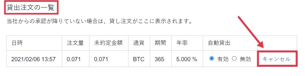 貸出注文一覧の「キャンセル」をクリック